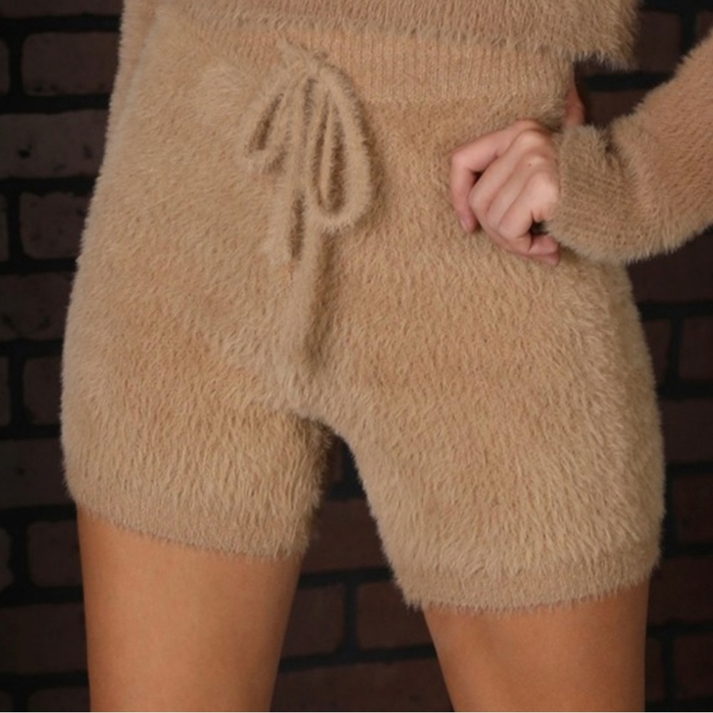 Fuzzy Drawstring Tan Shorts - Picture 2 of 12